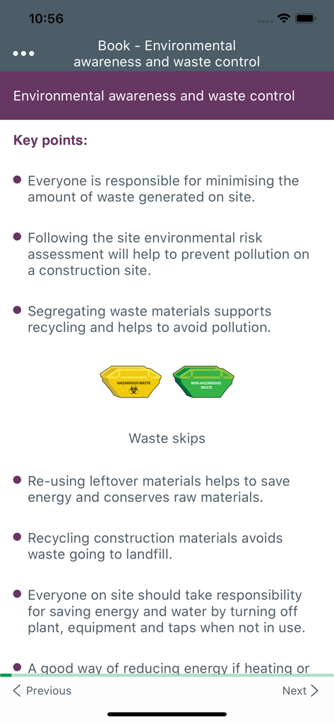 Learning screen on environmental awareness and waste control from the CITB HSE test app