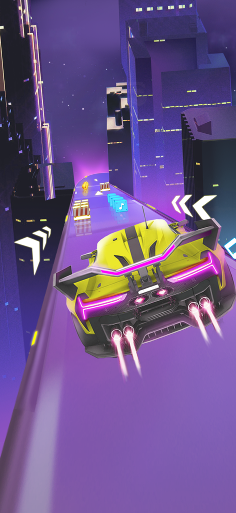 Beat Racing Car EDM - A yellow sports car racing on a neon purple track through a futuristic city while hitting rhythm blocks.
