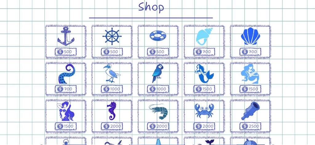市松模様の紙の背景に、さまざまな航海をテーマにしたアバターと価格が表示されているゲーム内ショップ画面。