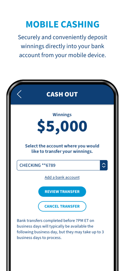 Official Ohio Lottery app screen demonstrating the mobile cashing feature with a five thousand dollar winning deposit