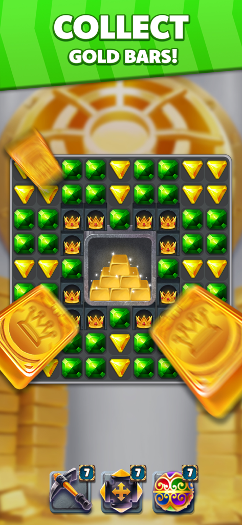 Jewel Hunter Lost Temple - Gameplay screen of Jewel Hunter Lost Temple showing a match 3 puzzle grid with a mission to collect gold bars.