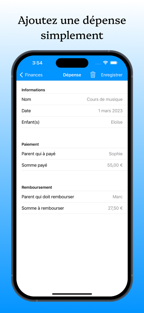 KidCal: Co-Parent Calendar App - KidCal mobile app interface showing a shared expense form for co-parents to track and split costs for their children.