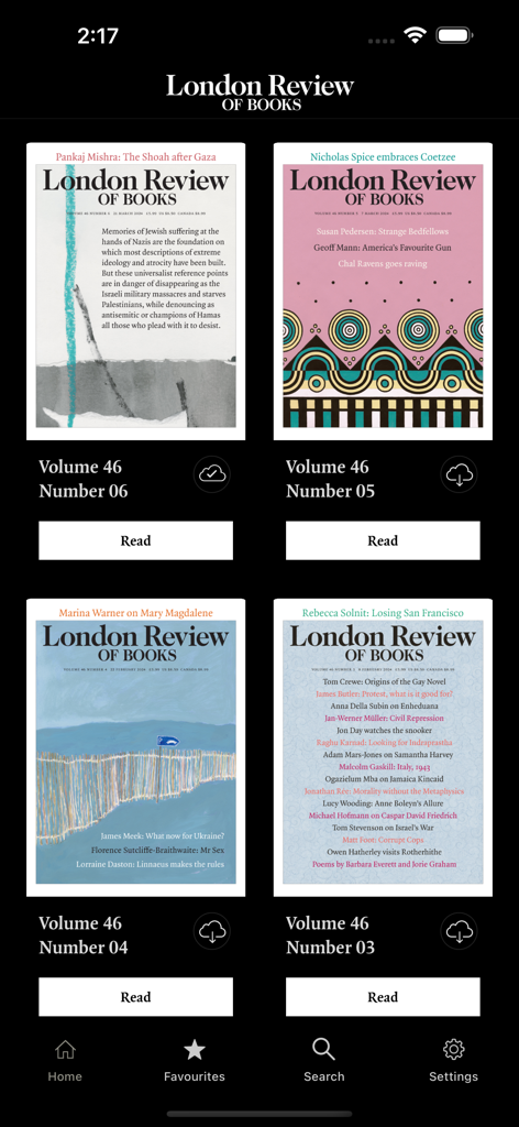 London Review of Books - Schermata principale dell'app London Review of Books che mostra vari numeri di riviste in modalità scura