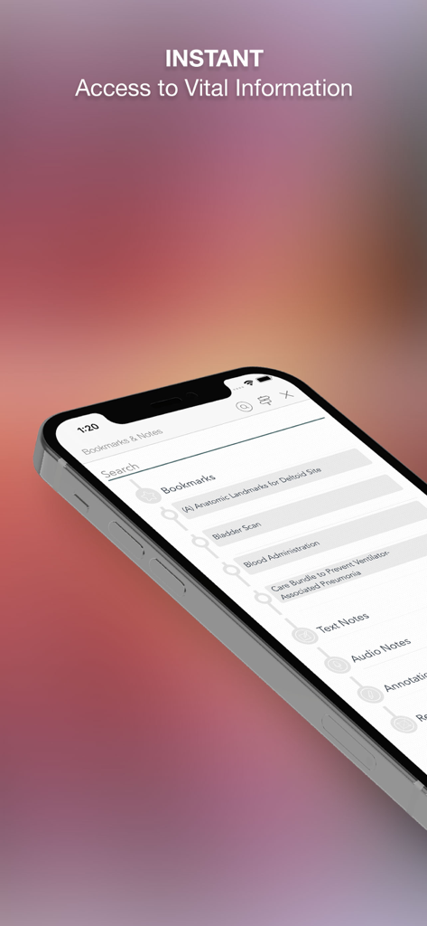 Nursing Skills & Procedures - Mobile phone screen showing bookmarked nursing procedures and clinical notes