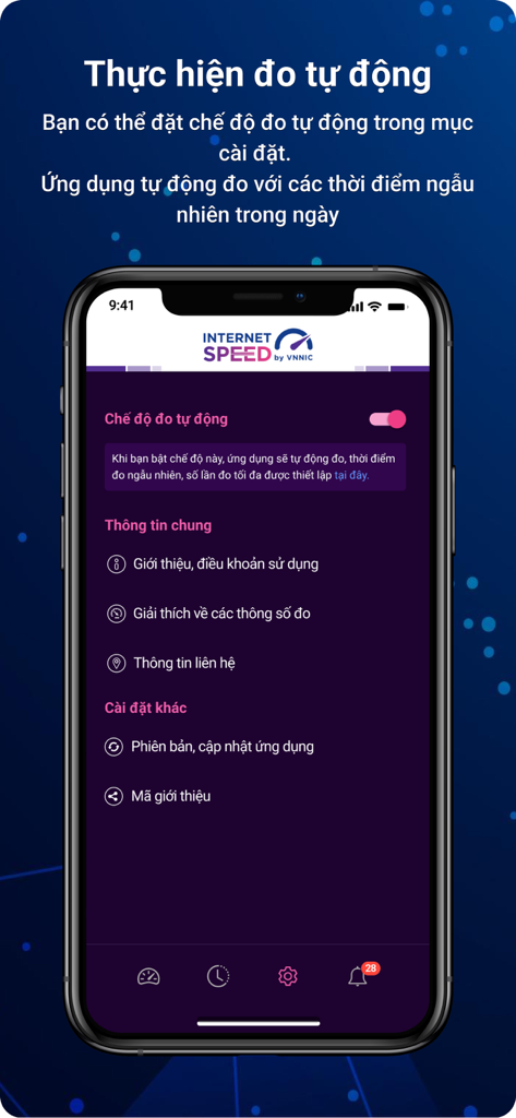 Settings screen of i-SPEED app for automatic internet speed tests