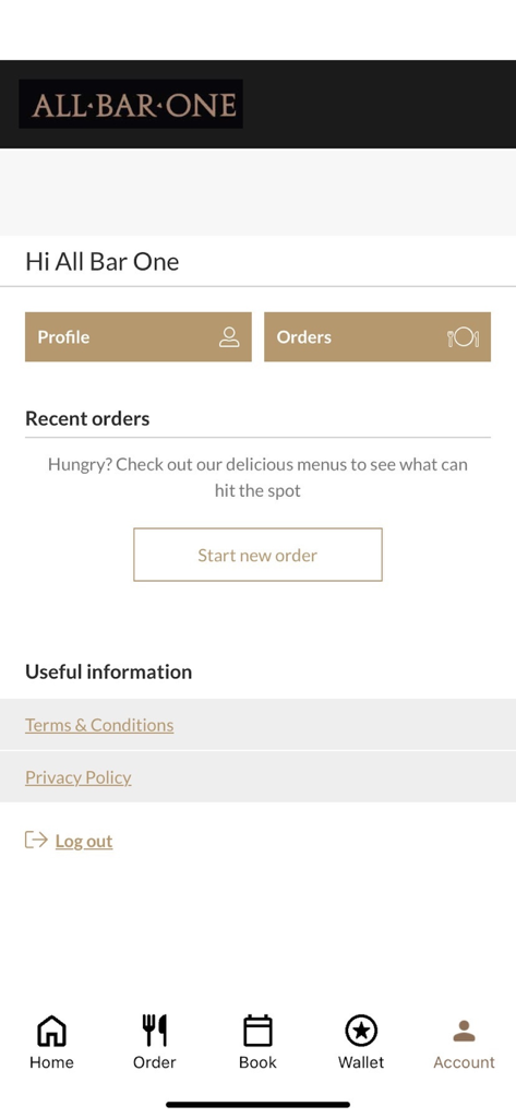All Bar One - Konto-Bildschirm der All Bar One App, der Profil- und kürzliche Bestelloptionen anzeigt