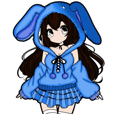 pretty anime girl wearing a fluffy hoodie with bunny ears on the hood and a skirt