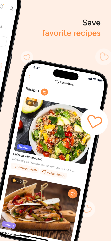 A smartphone screen showing saved favorite recipes in the Food Simp app.