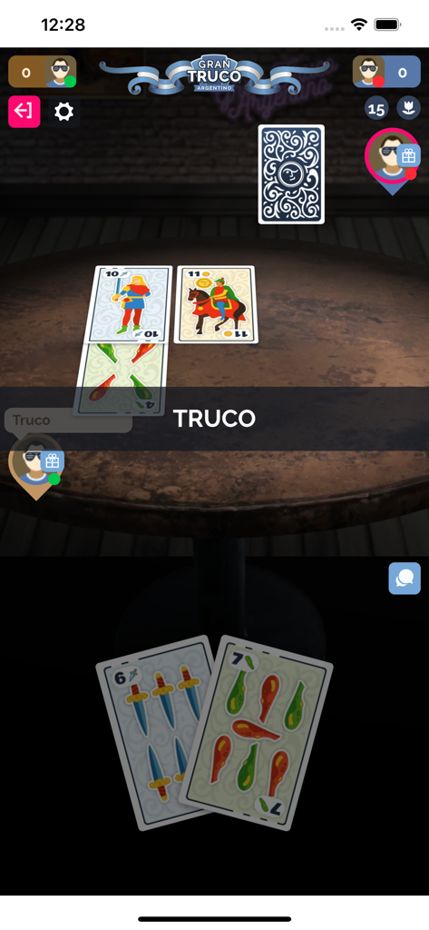 Gran Truco Argentino - Mobile gameplay of Gran Truco Argentino showing Spanish cards on a wooden table with player avatars and the word Truco.