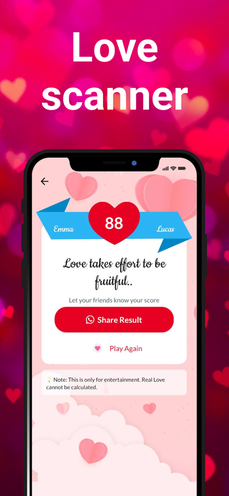 Love Tester: Real Love Test - Love tester app screen displaying an 88 percent match result between two names with a share button