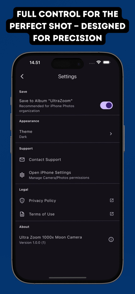 Ultra Zoom 1000x Moon Camera - Einstellungsbildschirm der Ultra Zoom 1000x Mondkamera App mit Speicheroptionen und Theme-Einstellungen auf einem iPhone.