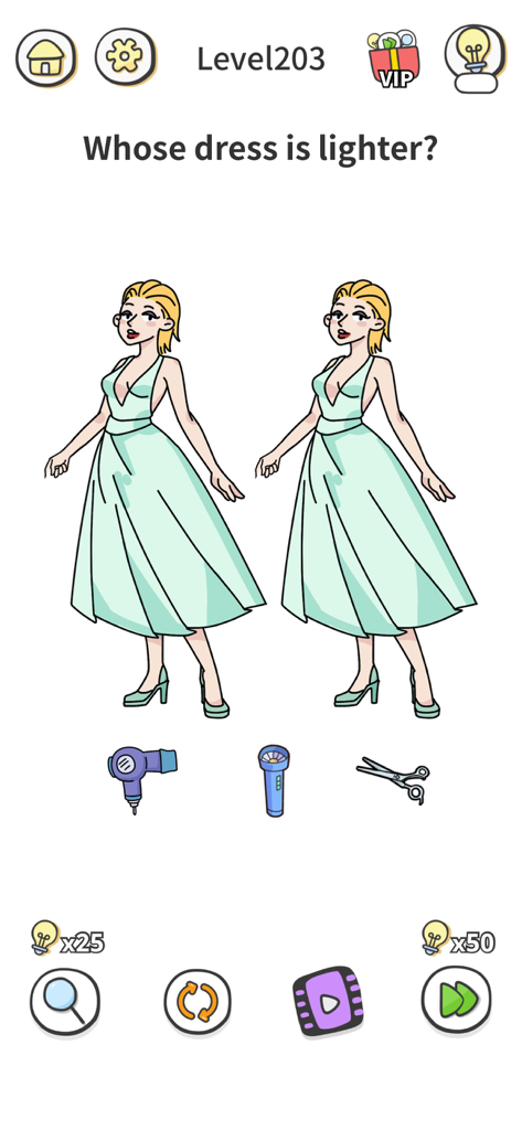 Brain Out 2パズルゲームのレベル203で、2人のそっくりな女性とインタラクティブなツールが登場し、どちらのドレスが軽いかを尋ねている
