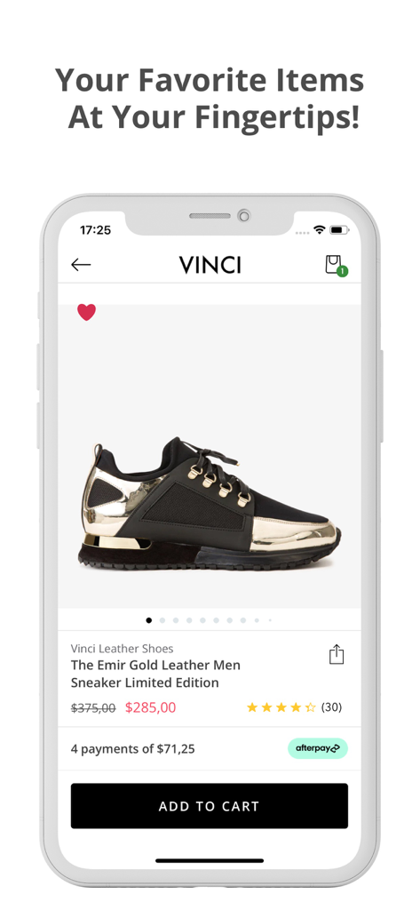 Vinci Leather - Vinci Leather app product page featuring the Emir Gold Leather Men Sneaker