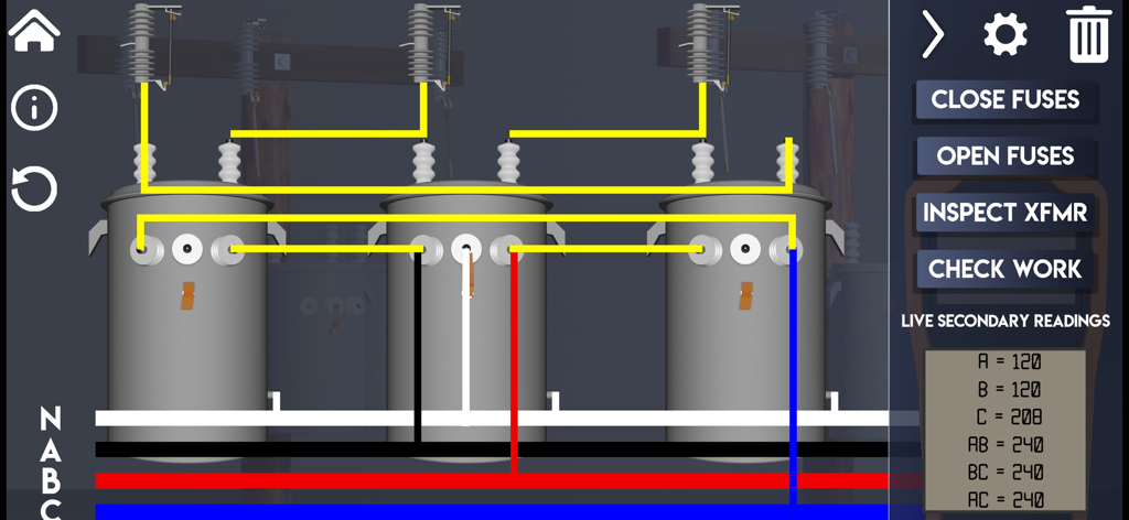 Simulation of three-phase transformer wiring with live secondary voltage readings in the XFMR LAB app.