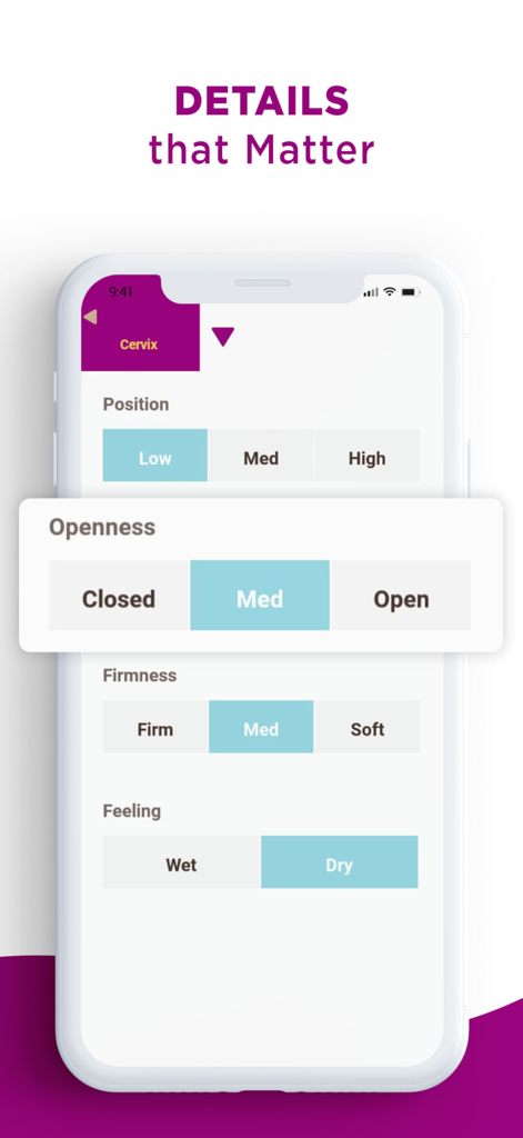 MyDays X - A screenshot of the MyDays X app displaying detailed cervix tracking parameters like position, openness, and firmness.