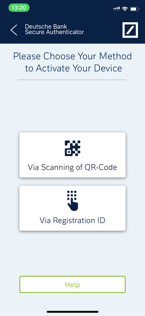 DB Secure Authenticator - Device activation screen for DB Secure Authenticator showing options to scan a QR code or use a registration ID.