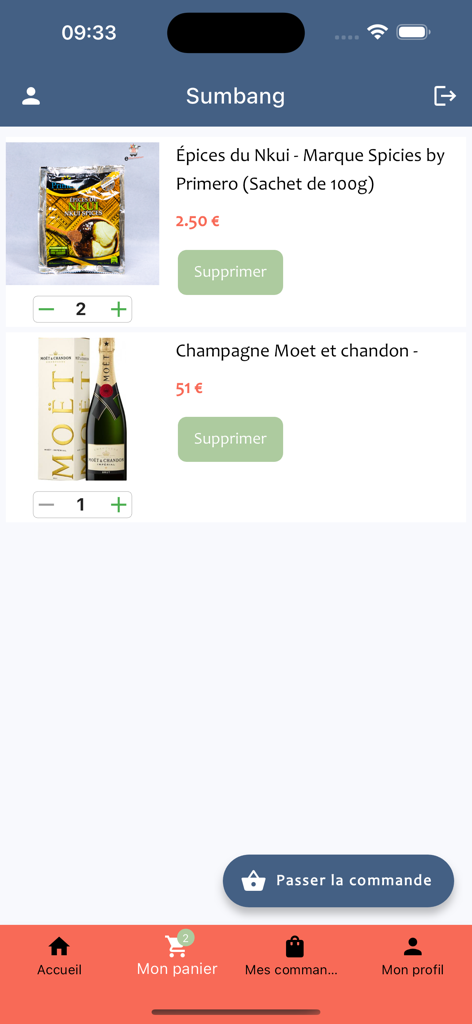 Easy Market - Easy Market shopping cart screen displaying items like spices and champagne with quantity selectors and checkout button