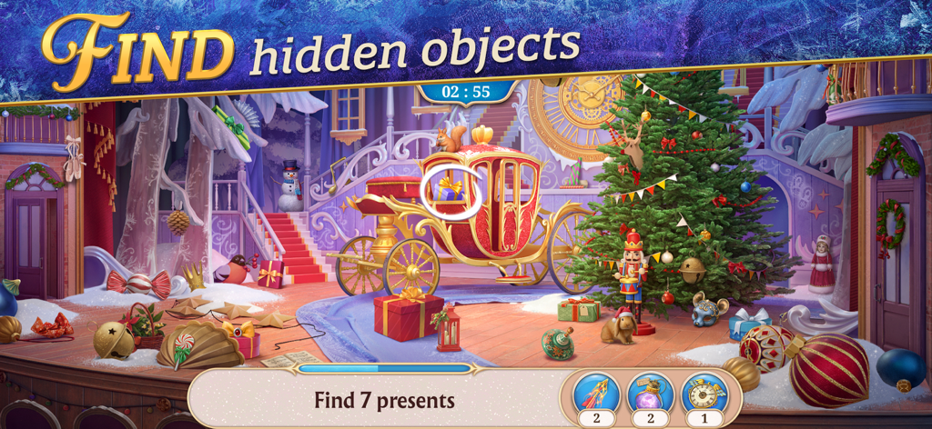 Seekers Notes: Hidden Objects - Seekers Notes gameplay screenshot showing a festive hidden object scene with a golden carriage and Christmas tree.