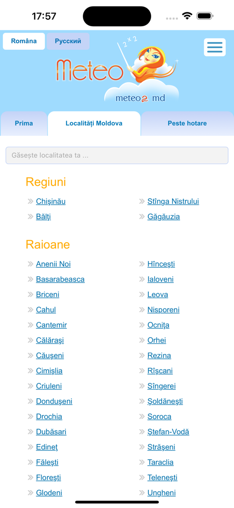 Interfaz de la aplicación Meteo2 Moldova mostrando una lista de regiones y distritos para la selección del clima local