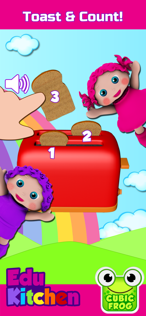 EduKitchen-Toddlers Food Games - Un juego de aprendizaje para niños pequeños de EduKitchen que muestra una tostadora roja con rebanadas de pan numeradas para practicar el conteo.