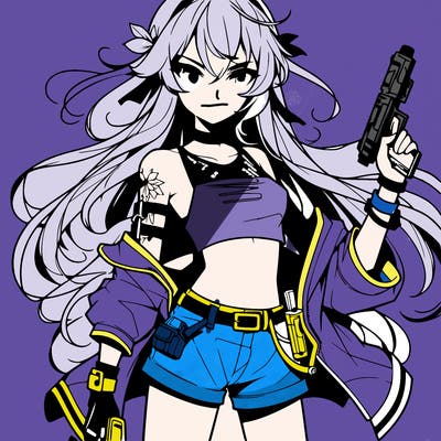 bad girl wearing crop top holding a gun long hair anime