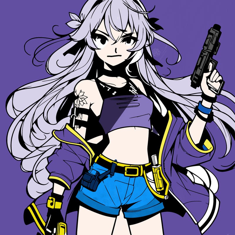 bad girl wearing crop top holding a gun long hair anime
