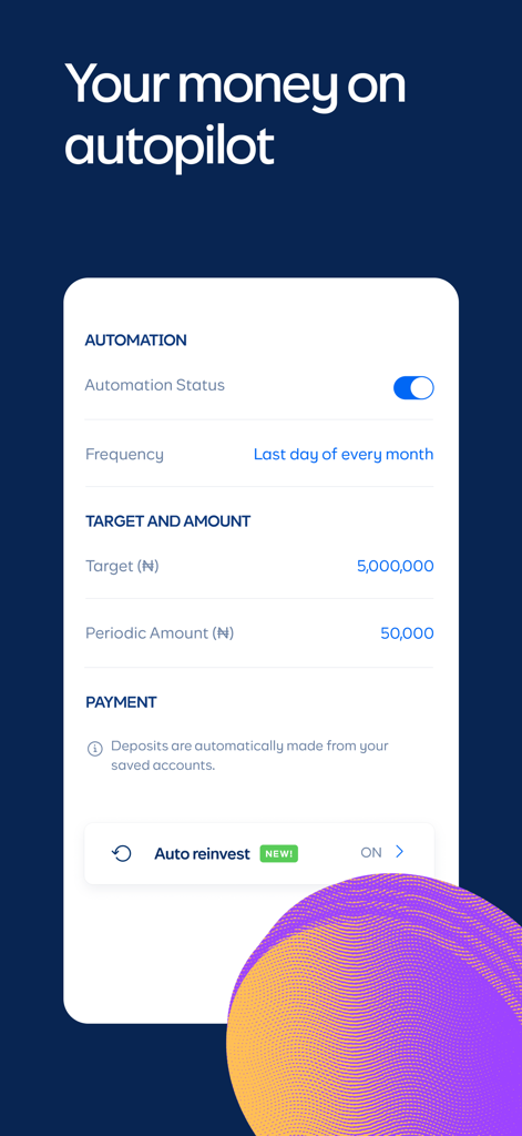 Cowrywise: Save & Invest Money - Cowrywise 앱 인터페이스, 자동 월별 저축 설정 및 투자 목표 표시