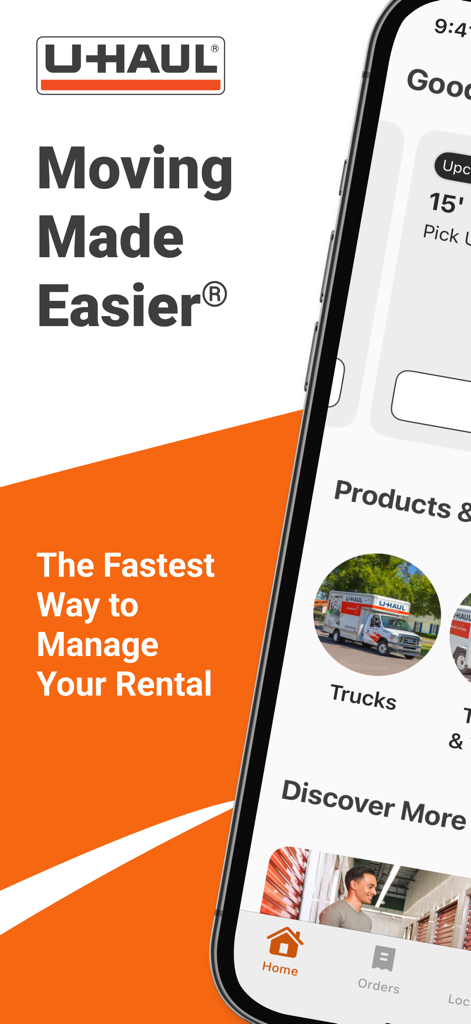 U-Haul mobile app home screen with the slogan Moving Made Easier and rental management options.
