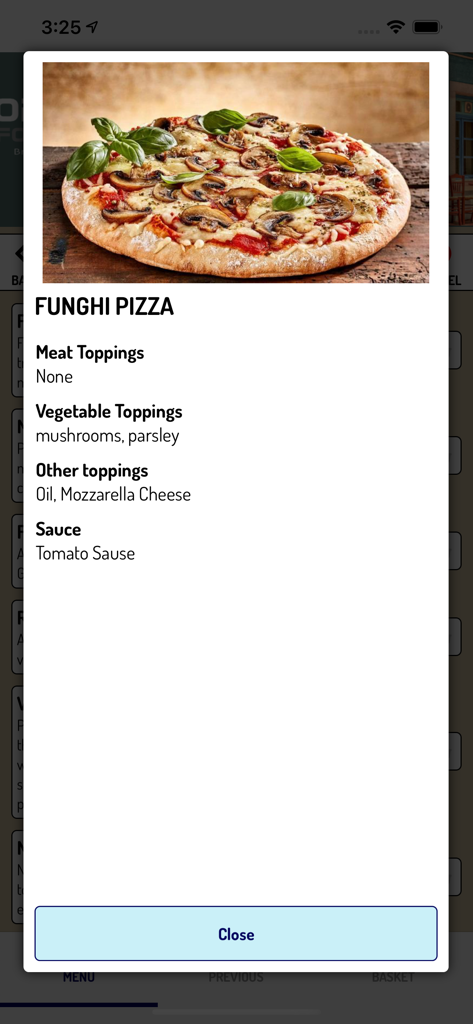 Order-Me - Funghi Pizza item details screen showing toppings and ingredients in the Order-Me app