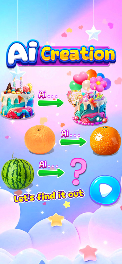 Satisfying AI ASMR - Um ecrã colorido de aplicação móvel mostrando como bolos e frutas comuns são transformados em arte estética gerada por IA.