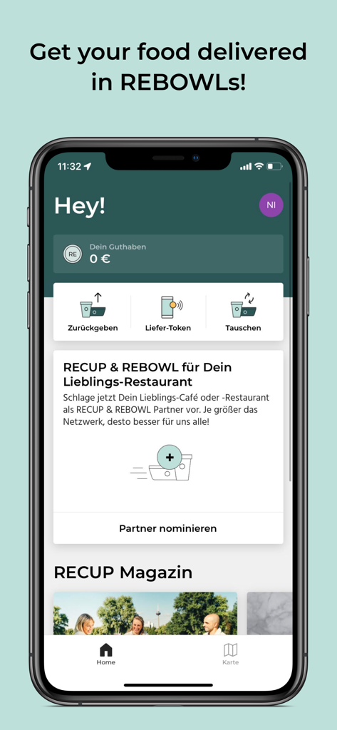 Interface of the RECUP and REBOWL app showing a user dashboard with options to return or exchange reusable containers and nominate a partner restaurant.