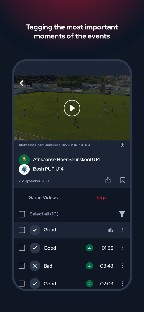 Écran de l'application mobile m:tel Sport affichant un match de football avec une liste de moments de jeu et de faits saillants balisés