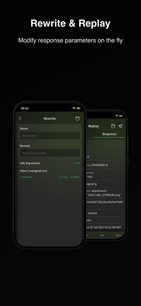 Packet Capture Pro: HTTPS - Interfaz de Packet Capture Pro mostrando la función de Reescritura y Reproducción para modificar parámetros de respuesta de red sobre la marcha