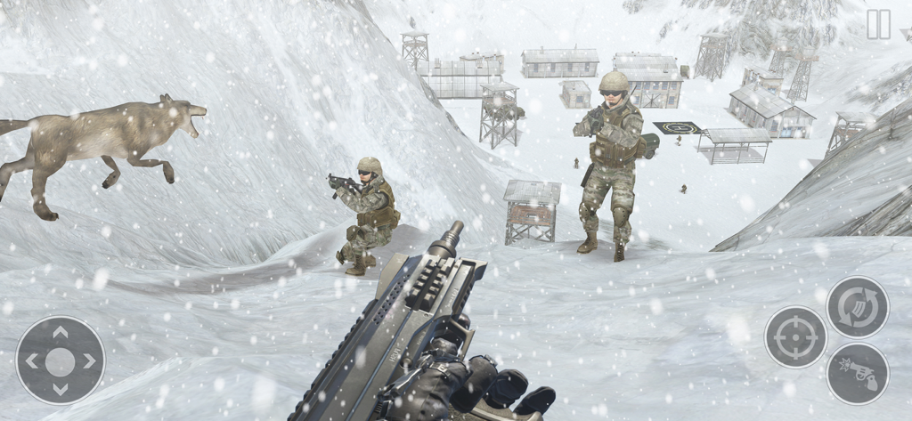 Snow Army Sniper Shooting War - Visão em primeira pessoa de um soldado em um acampamento militar montanhoso nevado com outras tropas e um lobo