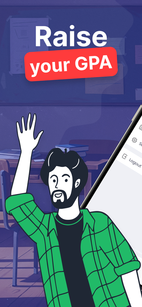 EssayPro: Real Writers Help - An illustration of a student raising his hand in a classroom with the text Raise your GPA representing the EssayPro app.
