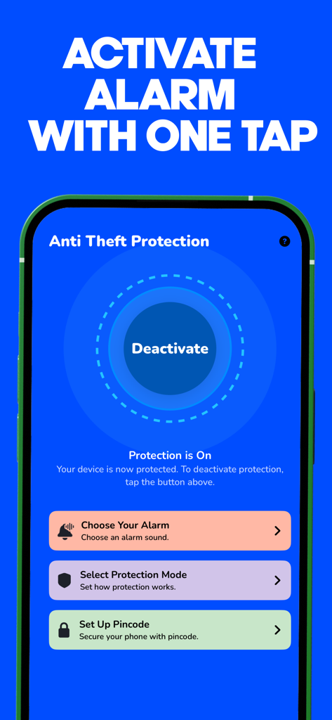 WTMP & Who Touched My Phone - Smartphone screen showing WTMP anti-theft protection activated with options to choose alarm sound and set a pincode