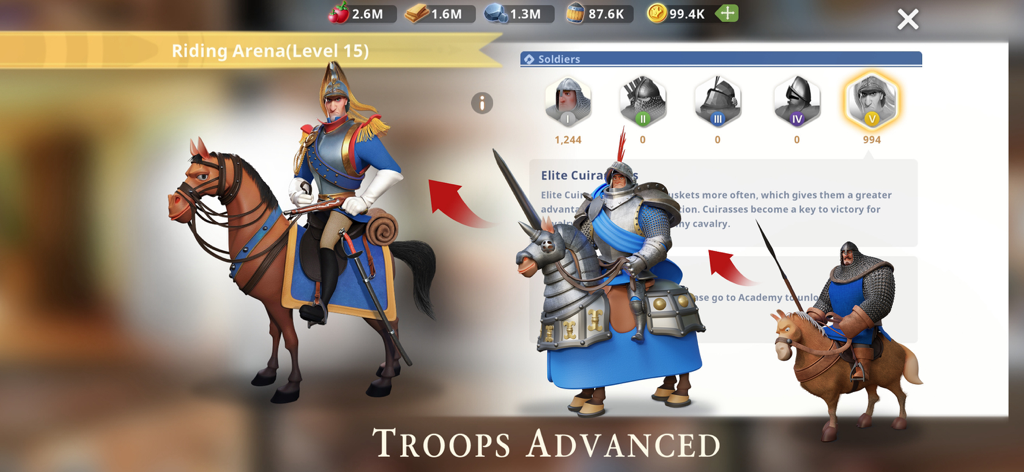 Castle Empire - A screen from Castle Empire showing troop advancement from medieval knights to elite cuirassiers at the Riding Arena.