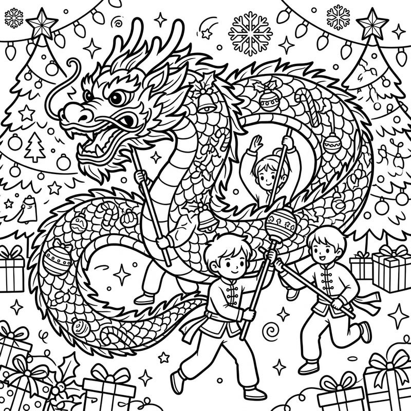 Discover a magical blend of East and West with this enchanting Dragon Dance Christmas coloring page. Children perform a vibrant dragon dance amidst a festive backdrop of twinkling Christmas trees and presents, ready for your creative touch.