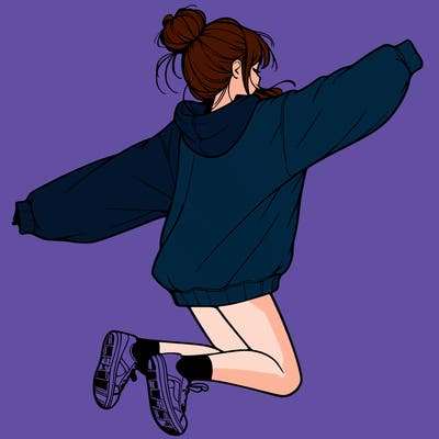 realistic girl jumping with a bun and oversized sweatshirt