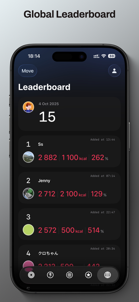 Global leaderboard screen in the Fitness and Activity Tracker app showing user rankings and calorie goals