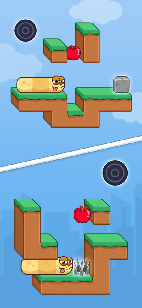 Snake Puzzle: Slither Master - Gameplay of Snake Puzzle Slither Master showing a yellow snake navigating floating platforms with obstacles and apples