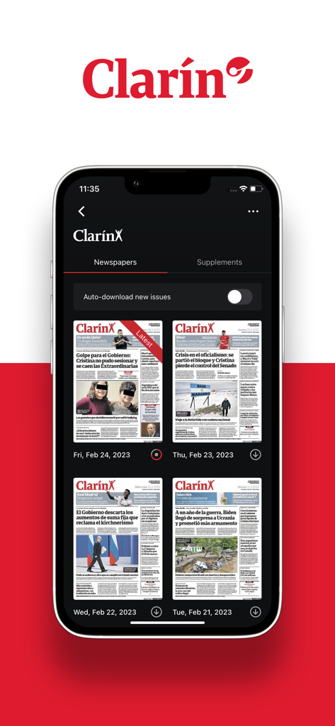 iPhone mostrando la interfaz de la app Kiosco Clarín con una cuadrícula de portadas de diarios argentinos