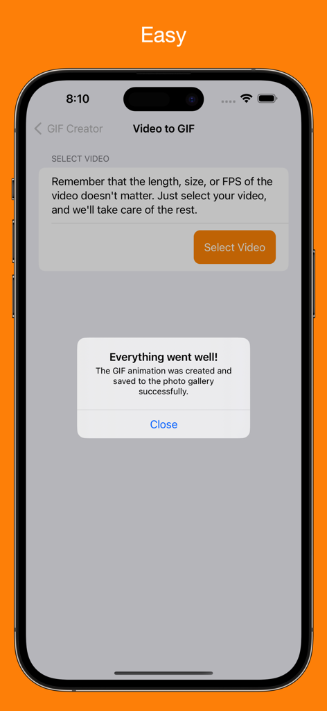 GIF Creator - Maker - Interfaz de la aplicación GIF Creator - Maker que muestra una confirmación exitosa de conversión de vídeo a GIF en la pantalla de un iPhone.