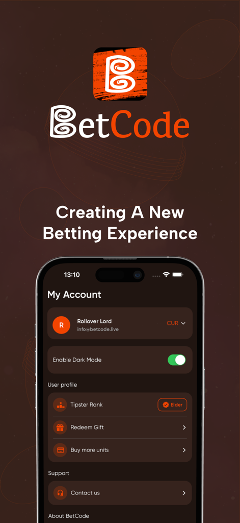 BetCode - User account profile screen of the BetCode app featuring tipster rank and dark mode toggle
