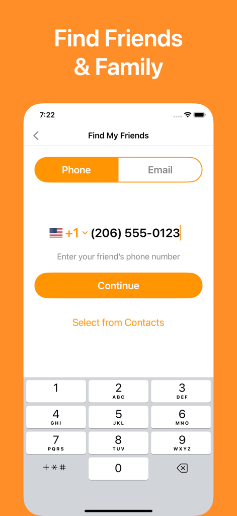 Interfaz para encontrar amigos y familiares introduciendo un número de teléfono en la app Compartir Ubicación