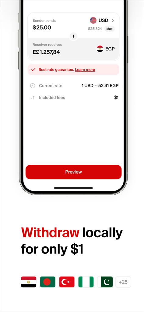 Interface do aplicativo nsave mostrando conversão de moeda de USD para EGP com uma taxa de um dólar