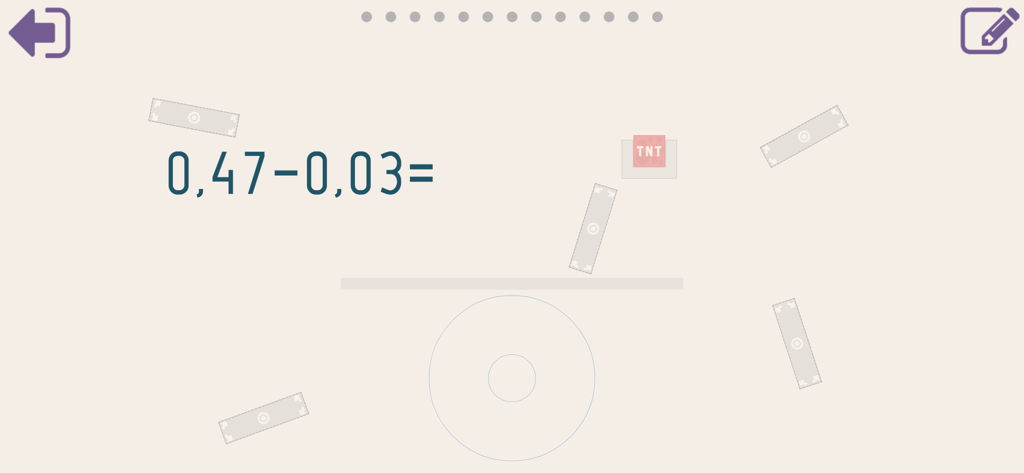 Mathe 5. Klasse - Screenshot der Mathe 5. Klasse App mit einer Dezimalzahl Subtraktionsaufgabe