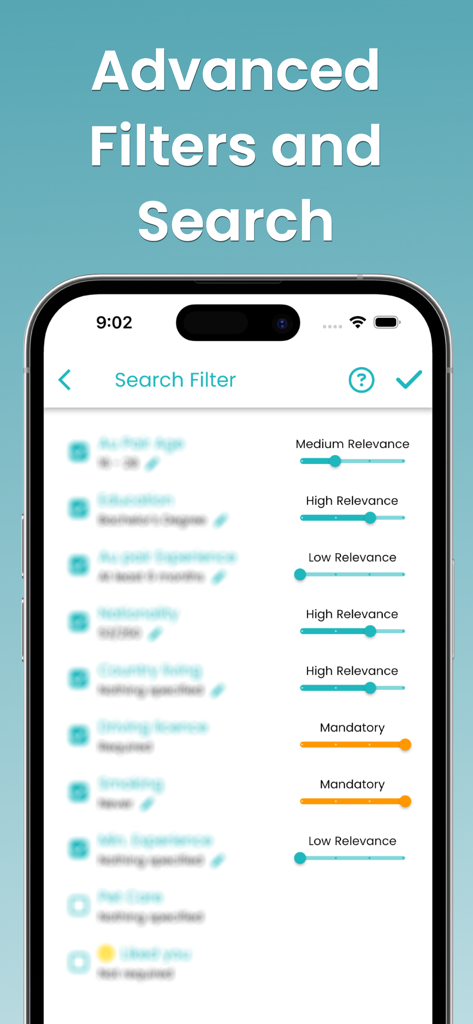 Filtros de búsqueda avanzados en la aplicación Aupair Valley mostrando criterios personalizables de au pair para familias anfitrionas