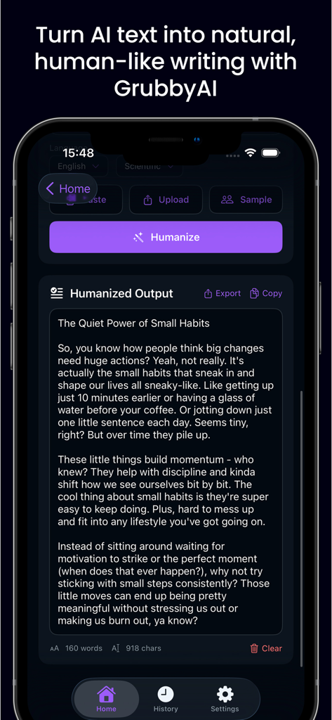 Grubby AI app screen showing humanized text output