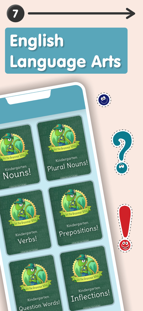 Educational app screen showing English language arts grammar lessons for kindergarten students